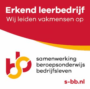 Erkend leerbedrijf keurmerk van SBB met tekst ‘Wij leiden vakmensen op’ en logo van samenwerking beroepsonderwijs bedrijfsleven (s-bb.nl).